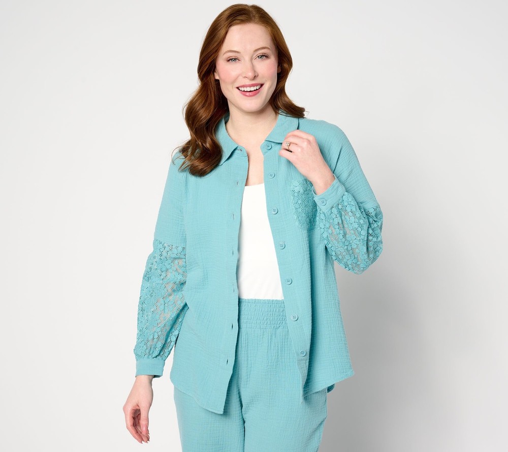 Isaac Mizrahi Live! Women's Top Plus Sz 1X Bridgehampton Gauze Blue A643309