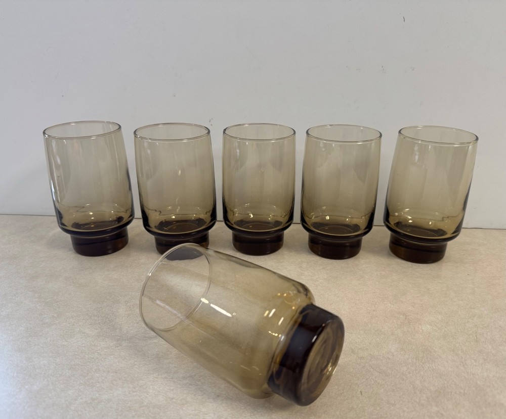 6 Libbey Tawny Accent Tumblers Vintage Smokey Brown Retro Glasses MCM