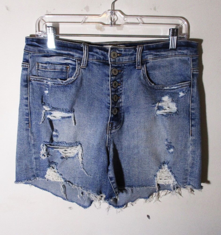 VERVET Blue Button Fly Distressed Denim Shorts Women's Size L NWOT