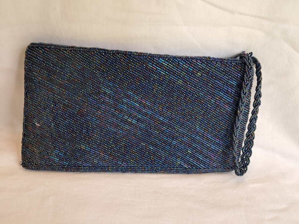 Vintage Iridescent Blue Beaded Wristlet Clutch Purse Shiny Bugle Bead Bag Art