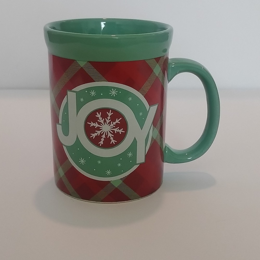 JOY Plaid Ceramic Coffee Mug  Red Green White Christmas Holiday