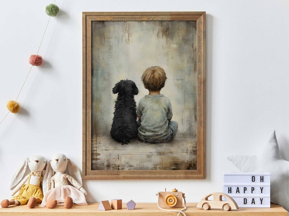 Boy And Black Dog Vintage Art Heartwarming Nursery Decor Print For Childs Room