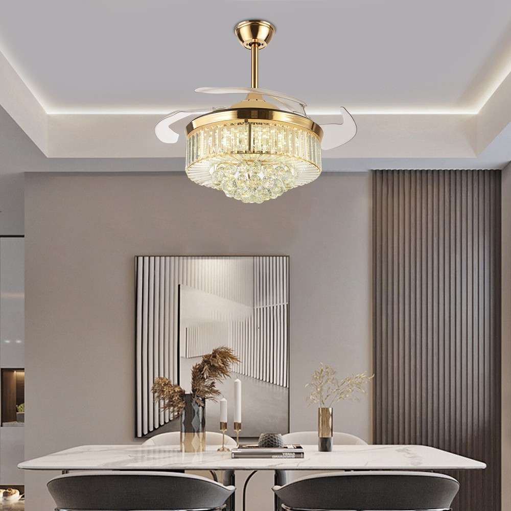 Modern Luxury Crystal LED Ceiling Fan with Remote Control 45W Chandelier Light