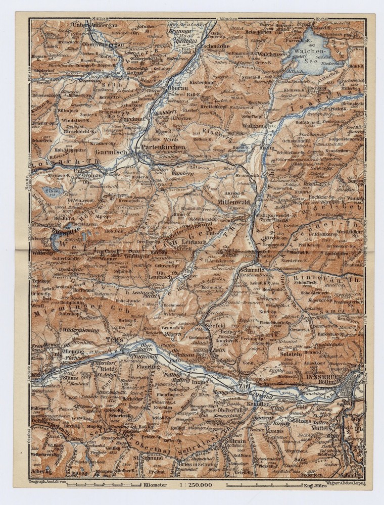 1929 Vintage Map Vicinity Of Garmisch-Partenkirchen Innsbruck Bavaria Germany