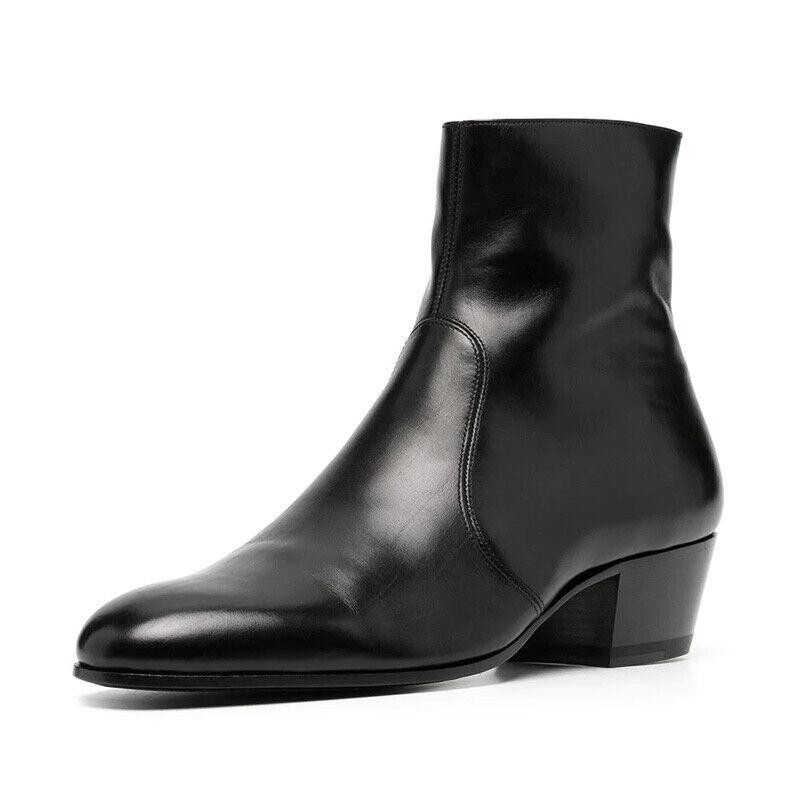 Men's Real Leather Chelsea Ankle Boots with Zip and Block Heel Cowboy Style
