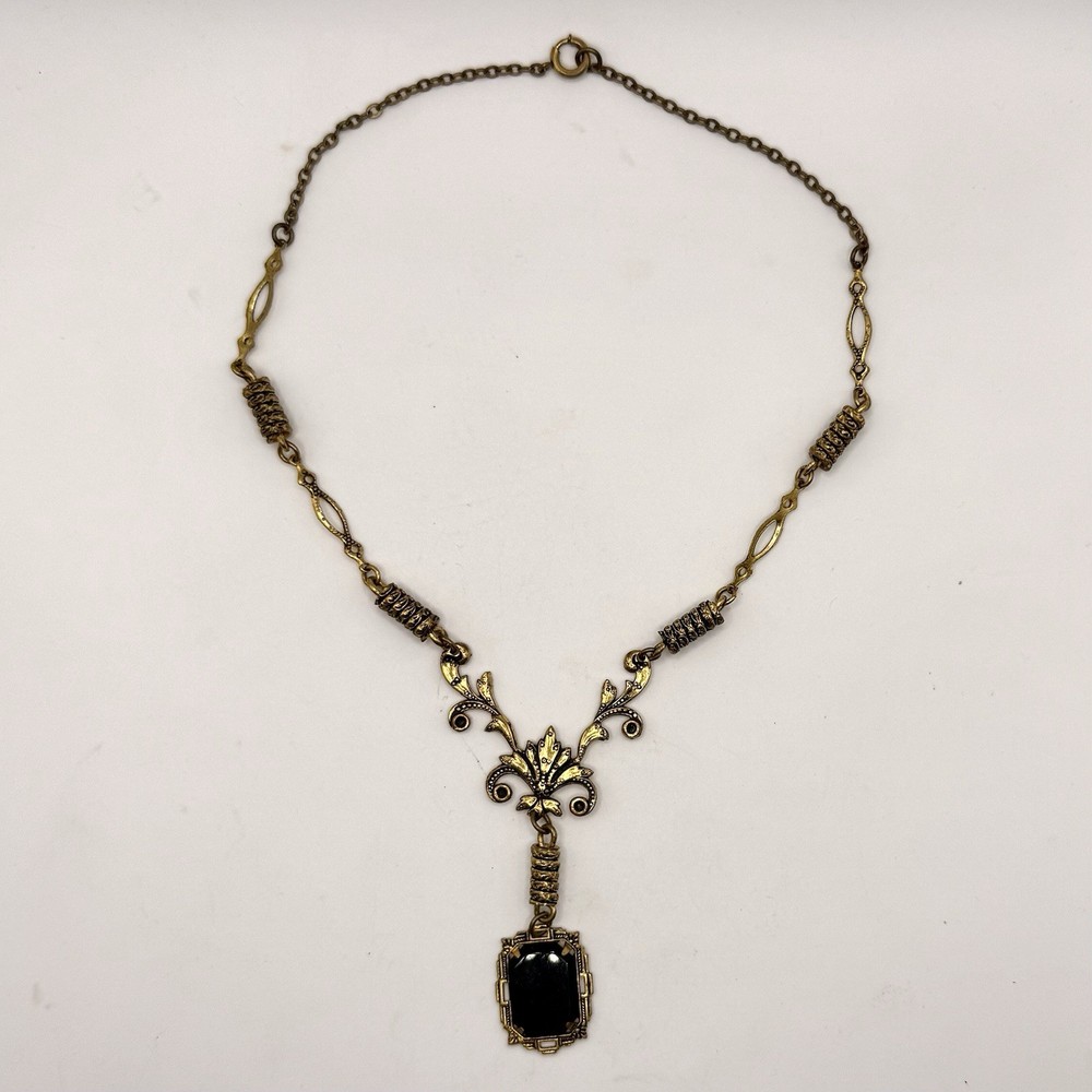 Vintage Black Glass Necklace Gold Tone Art Deco Revival Pendant 17in