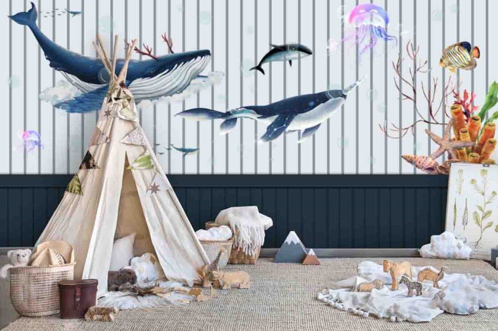 3D Whale Fish Stripes Pattern Self-adhesive Removeable Wallpaper Wall Mural1