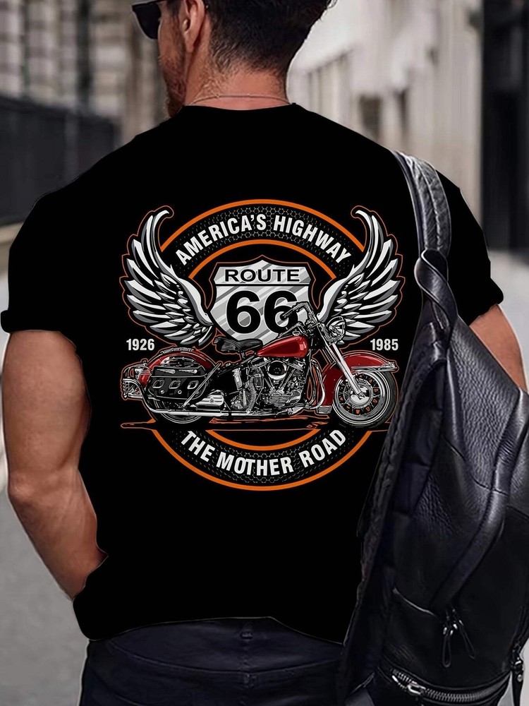 3D Route 66 Motorcycle Printed Men's Fashion Color Block Short Sleeve Round Neck