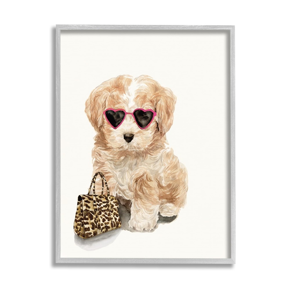 Trendy Puppy with Purse Gray Framed Giclee Art Design by Masey St. Studios