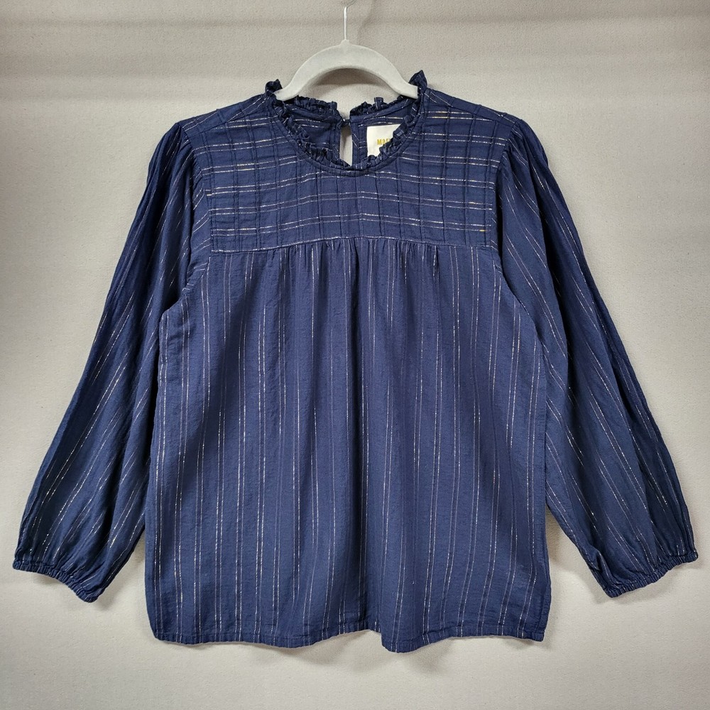 Maeve Womens Small Blue Cotton Blouse 3/4 Sleeves Gold Stripe