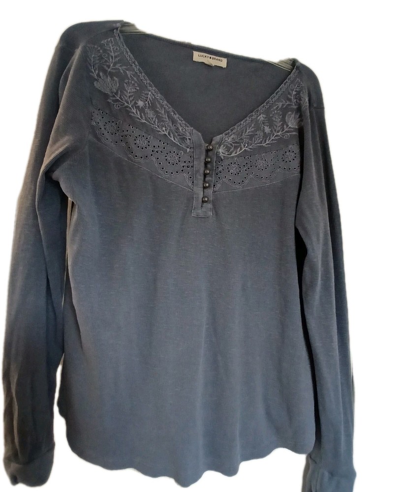 Lucky Brand Ribbed Knit Embroiderd Yoke Henley Top Long Sleeve Blue XL