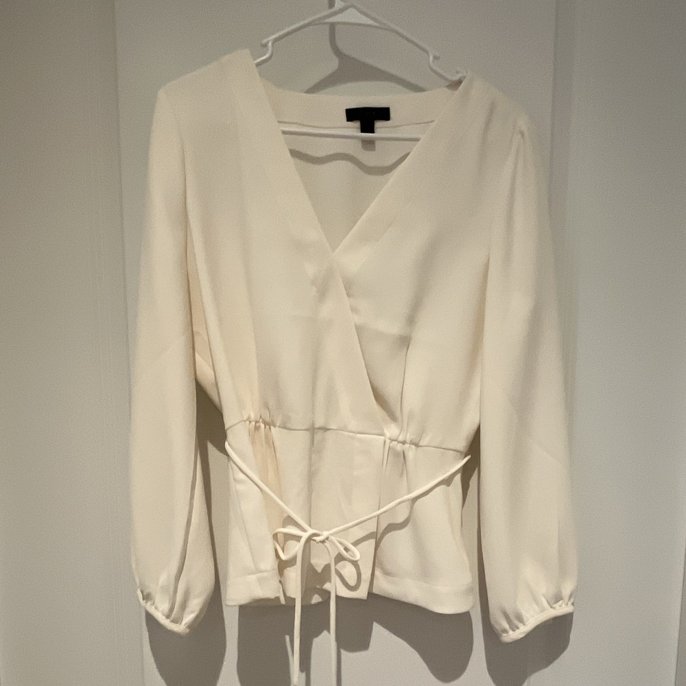J.CREW Women's Cream Solid V-Neck Long Sleeve Tie Waist Woven Blouse 10