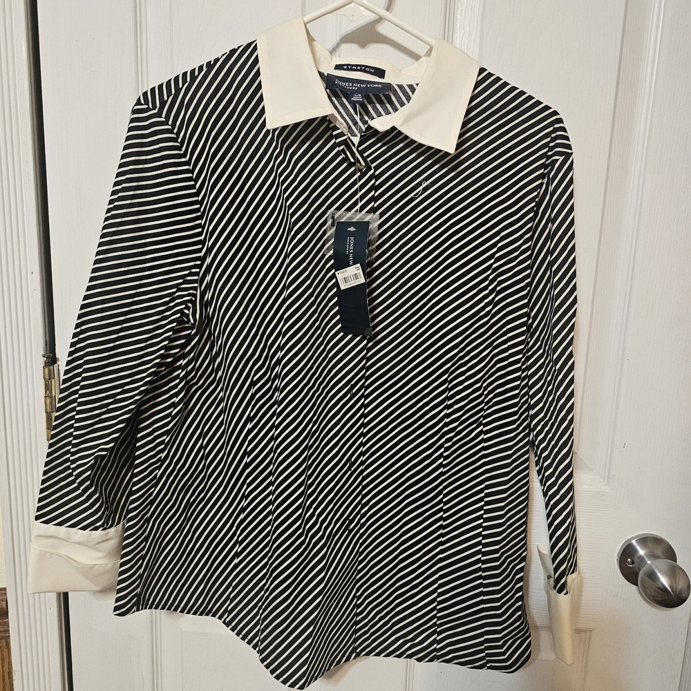 Jones New York Womens Black White Stripe Long Sleeve Button Down Blouse Size L New With Tags