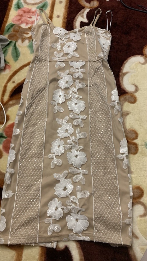 Lulus Dress Women Small Lace Floral Beige White Lined Halter Mini Bodycon EE