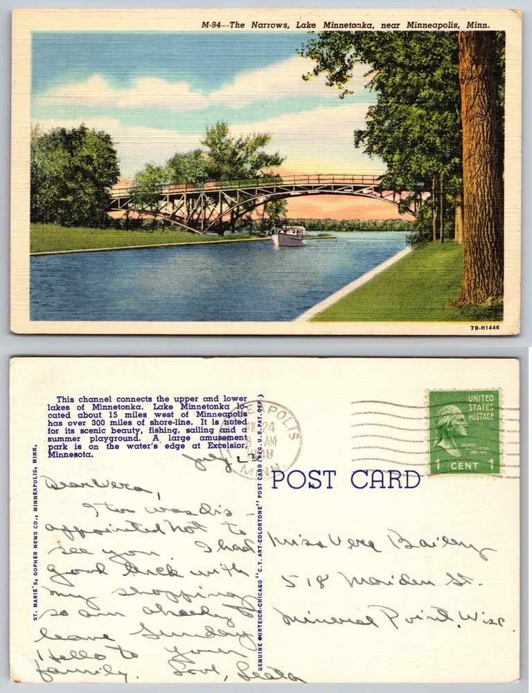 The Narrows Lake Minnetonka Minnesota Bridge Postcard