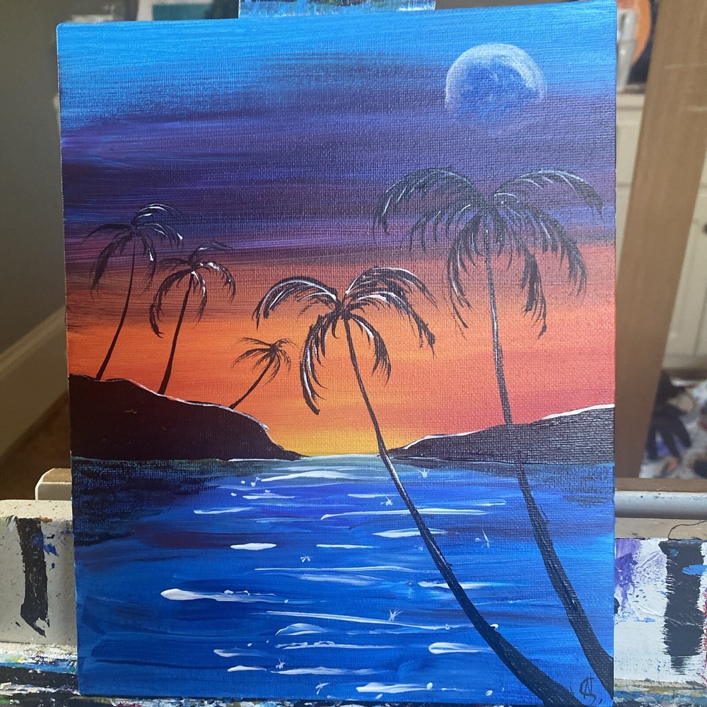 Abstract Palm Trees Sunset Sunrise Original Canvas Panel Painting 8/10-image