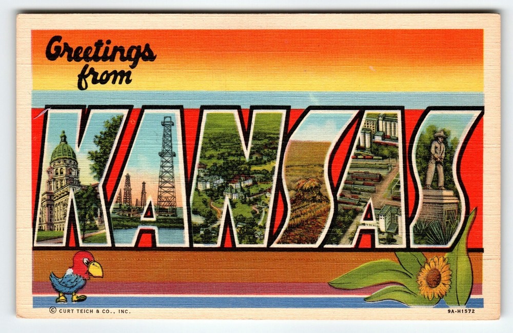 Greetings From Kansas Large Big Letter Postcard Linen Curt Teich Unused Jayhawks