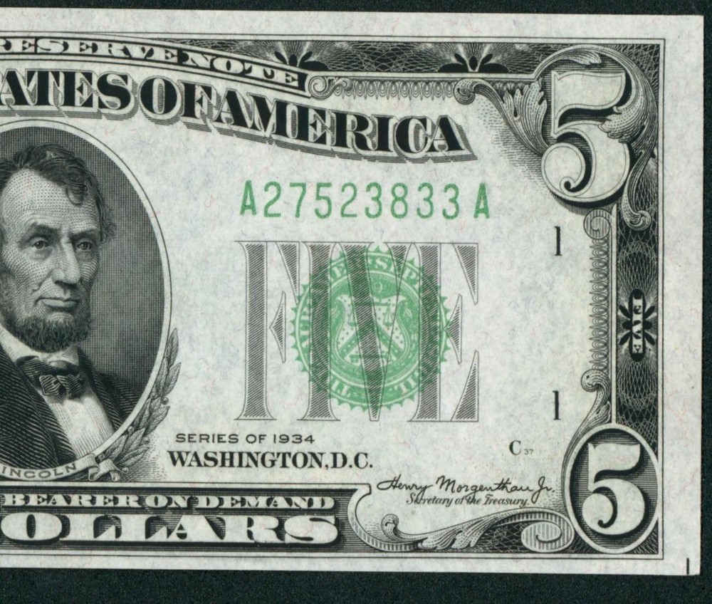 $5 1934 ((CHOICE/ GEM)) FEDERAL RESERVE NOTE ** (2nd of 3 consecutive)
