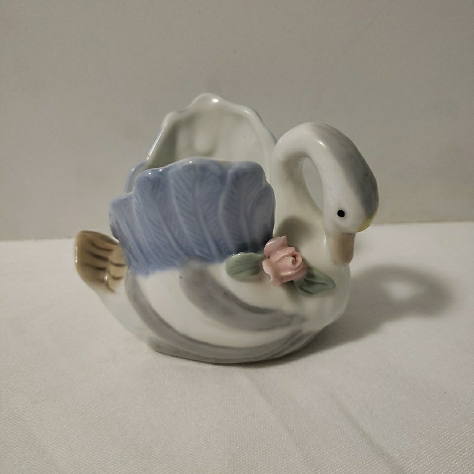 Vintage Swan Trinket Planter Rose Floral Delicate Porcelain White Blue