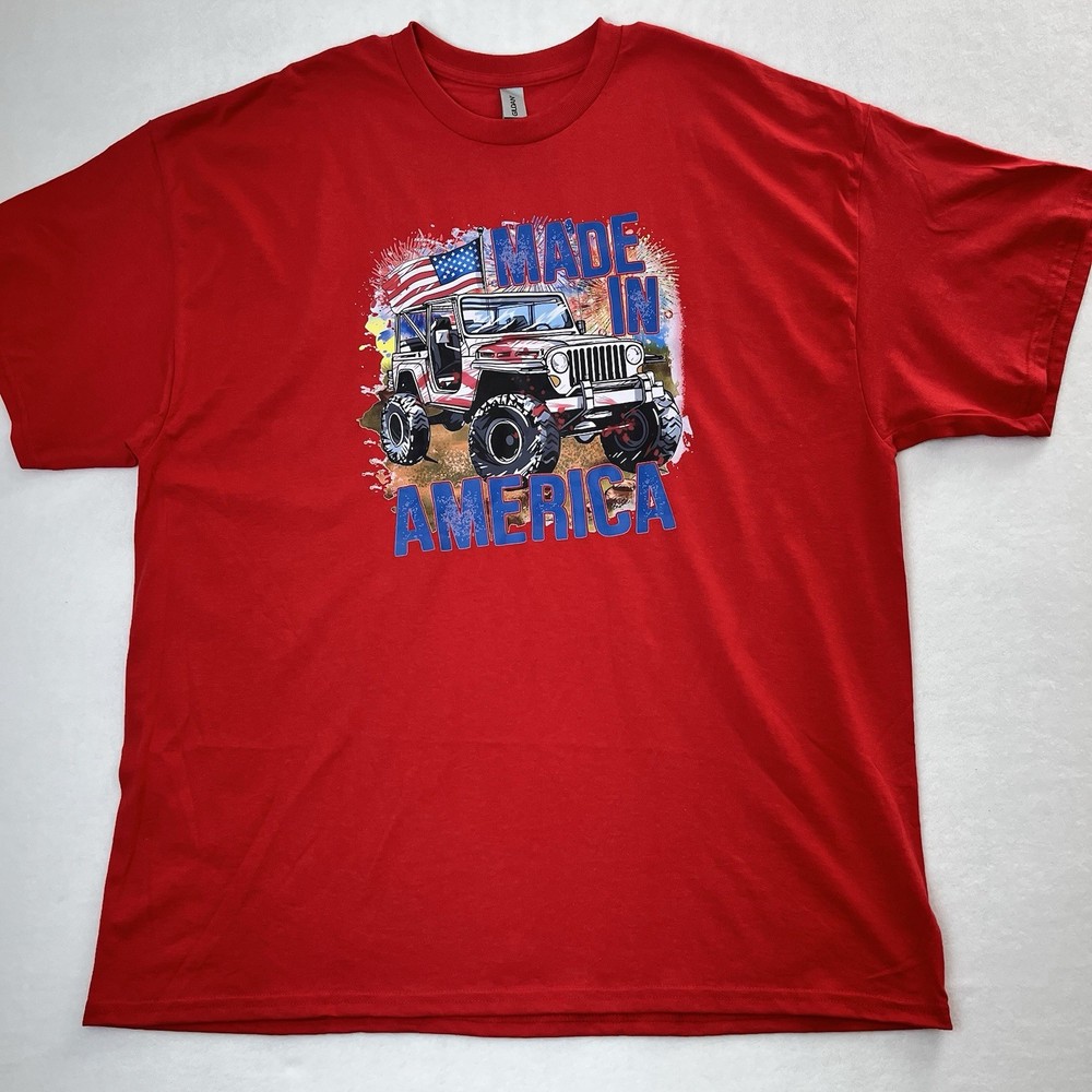 New Gildan Made In America T-Shirt Men's 2XL Red Short Sleeve Jeep Dry Blend