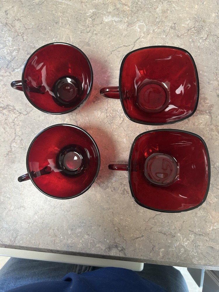 Anchor Hocking Royal Ruby Red Glass Cups Mug Set of 4 Tea Coffee Vintage