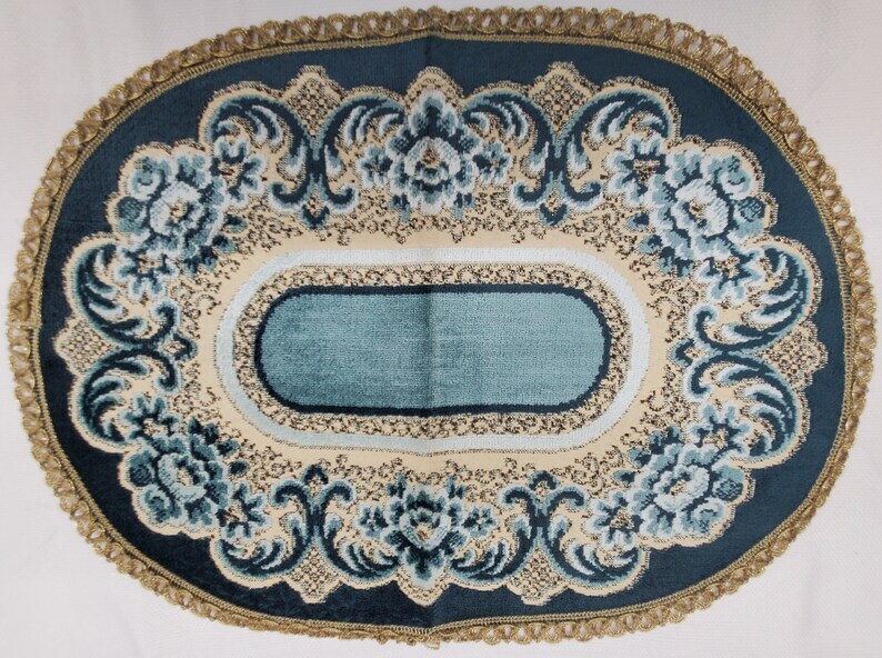 Velvet Belgium Brocade Padded Runners/Doilies Lurex Detail Metal Trim Antiq Blue