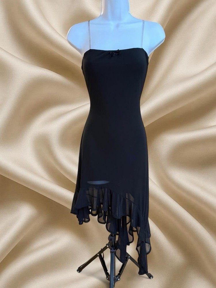 Y2K Black Asymmetrical Ruffle Coquette Fairy Grunge Chiffon Slip Dress Size M