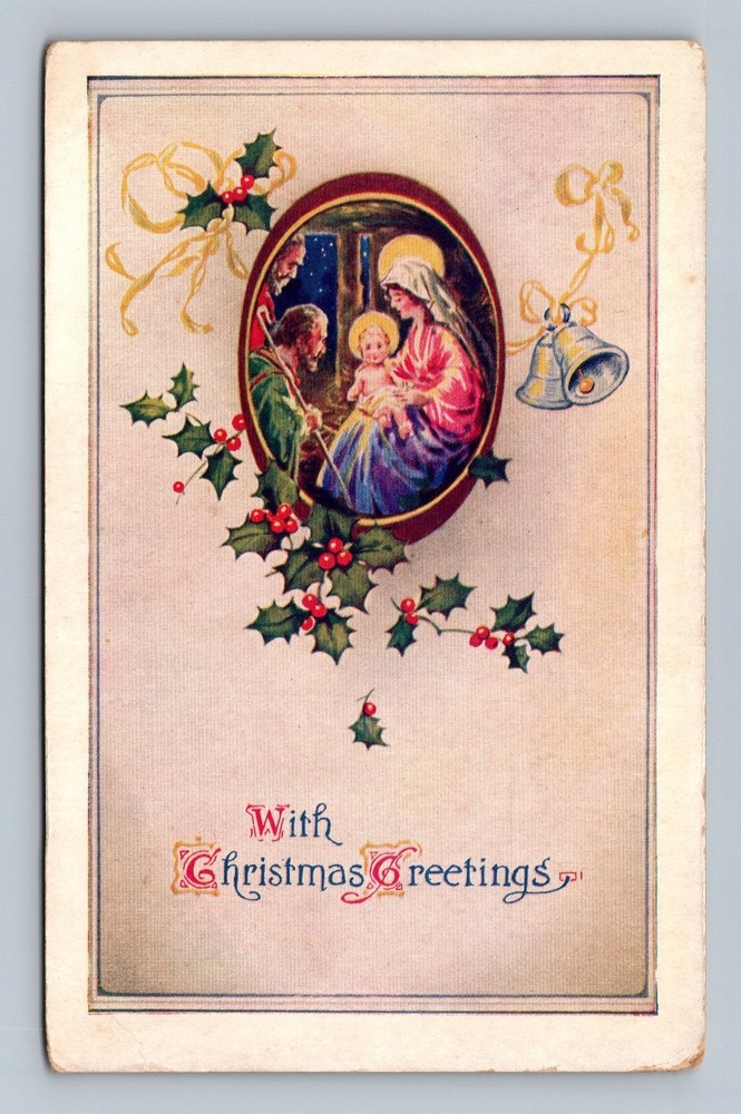 Vintage Christmas Nativity Scene Postcard With Greetings & Holly
