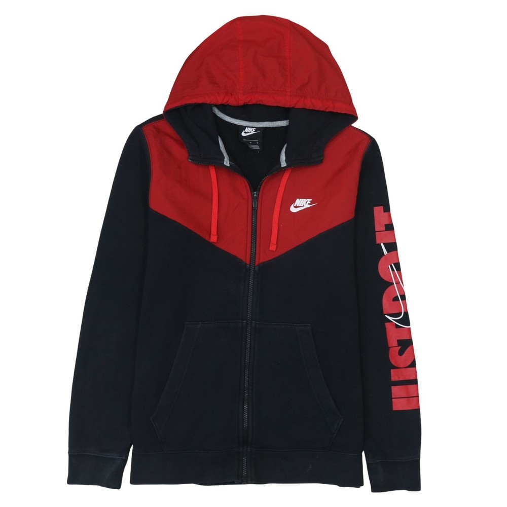 Nike Mens Hoodie Black Red Full Zip Fleece Embroidered Swoosh Logo Sleeve M