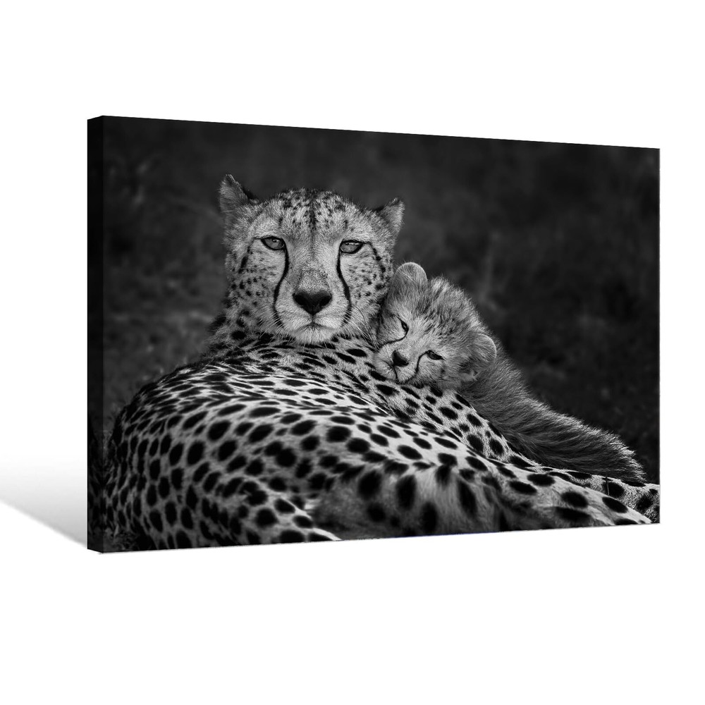 Leopard Canvas Wall Art Black and White Cheetah Painting Cheetah Family Mothe...