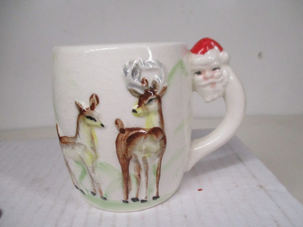 Vintage LEFTON  Ceramic Christmas Mug w Santa Claus & Reindeer