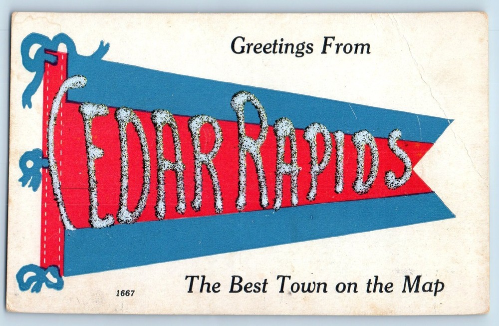 Cedar Rapids Iowa IA Postcard Greetings Best Town Map Glitter Flag 1914 Vintage