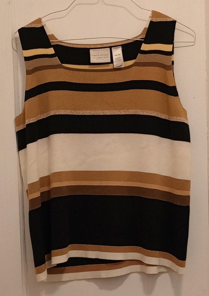 First Issue Knit Striped Sleeveless Tank Top Brown Black Plus Size 14W-16W