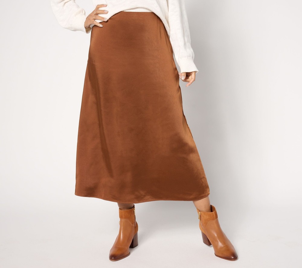 Me by Jennie Garth Women's Petite Skirt PXS Brookline Satin Midi Brown A667996
