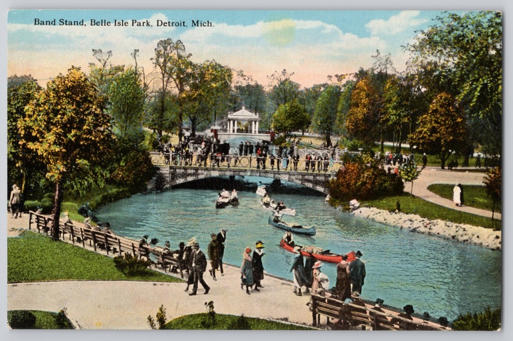 Detroit, Michigan Band Stand, Belle Isle Park, lagoon and bridge, Divided Back