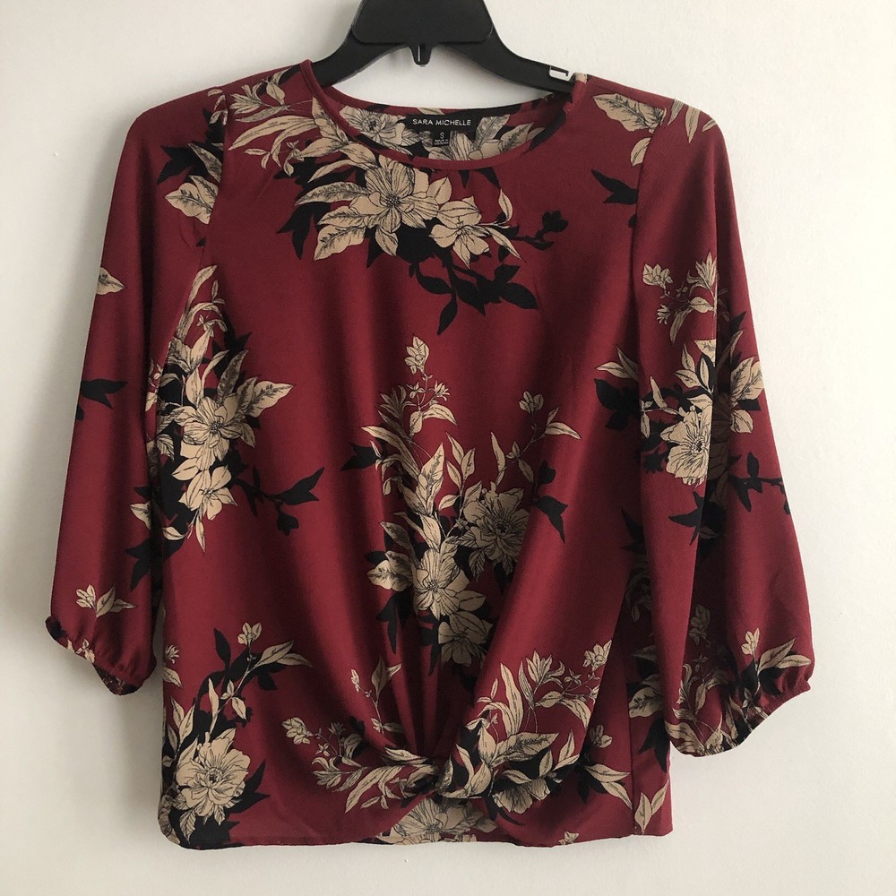 Sara Michelle floral Twist Front Blouse Sheer Women's Small Deep Red Burgundy