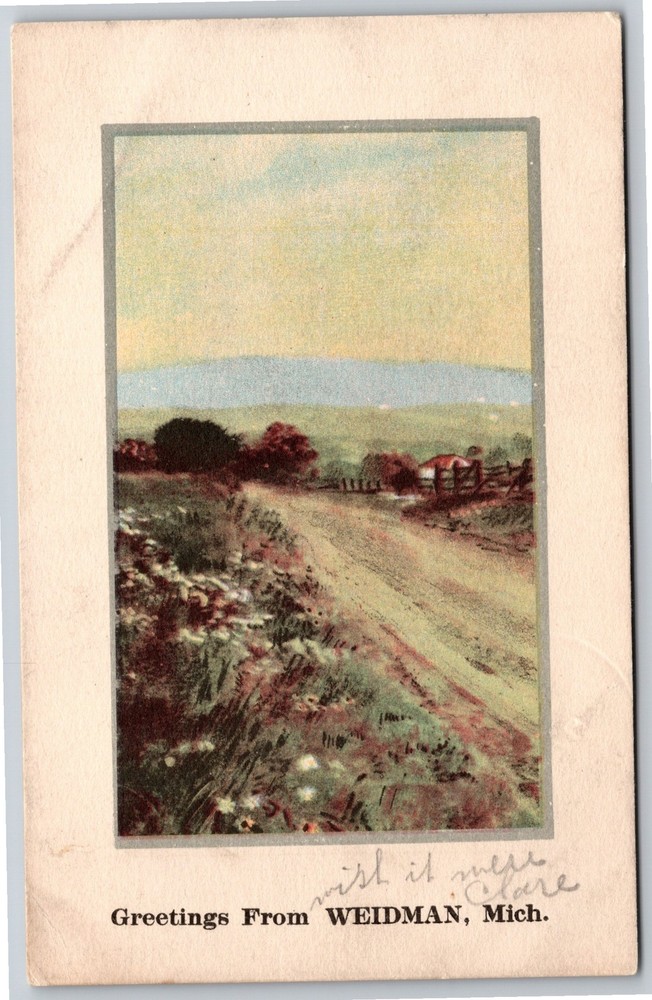 Greetings From Weidman Michigan~Countryside Road Scene In Frame~Vintage Postcard
