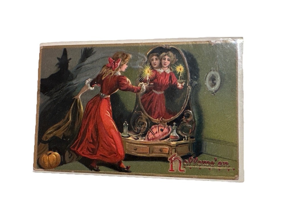 Antique 1908 HALLOWEEN Postcard Raphael Tuck No. 150 Hallowe'en Mirror Witch