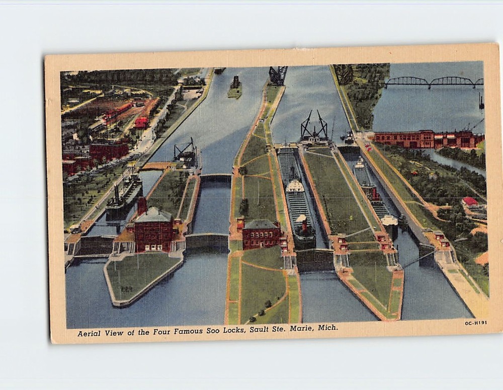 Postcard Aerial View Four Famous Soo Locks Sault Ste. Marie Michigan USA