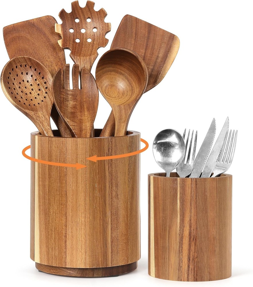Wooden Utensil Holder / Farmhouse Kitchen Utensil Crock for Countertop Storage