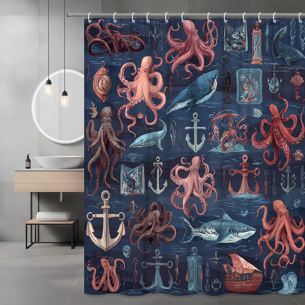 Octopus Anchor Navy Shower Curtain Ocean Nautical Print