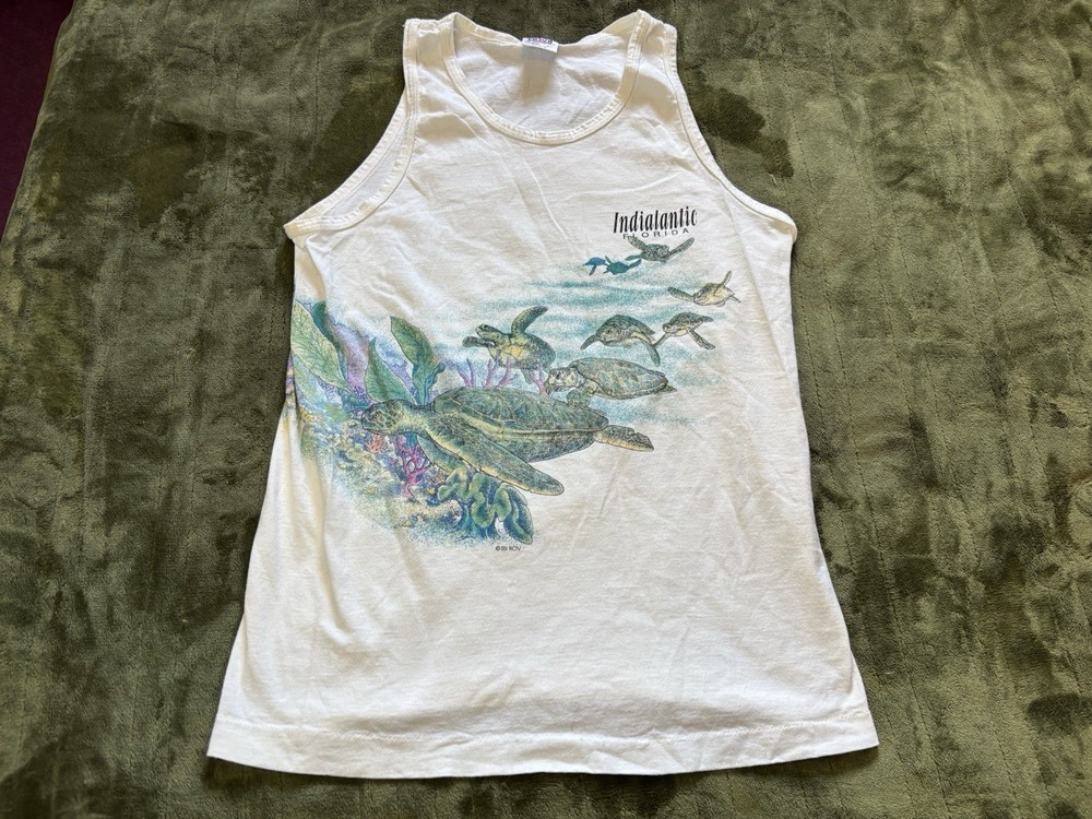 Sea Turtle Shirt Mens Large White Tank Top Indiatlantic Florida Vintage Anvil