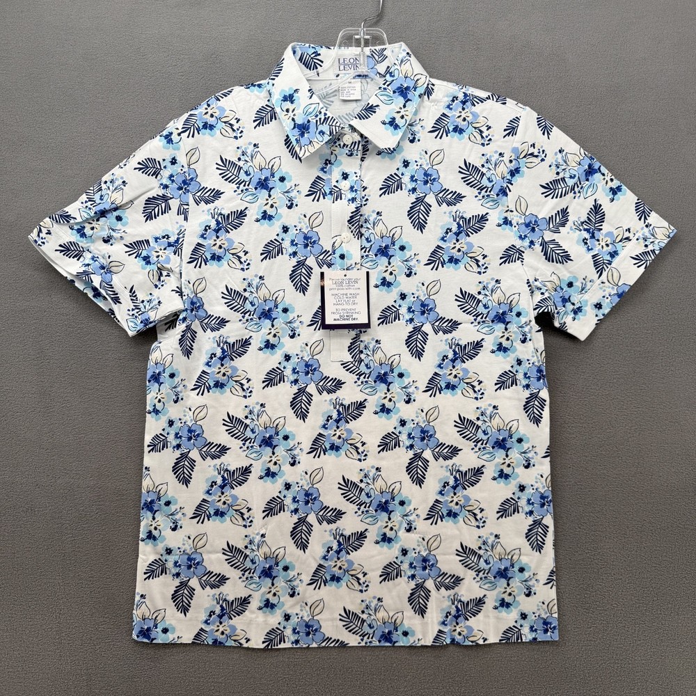 Leon Levin Polo Shirt Women's Medium Blue Floral Preppy Short Sleeve Blouse
