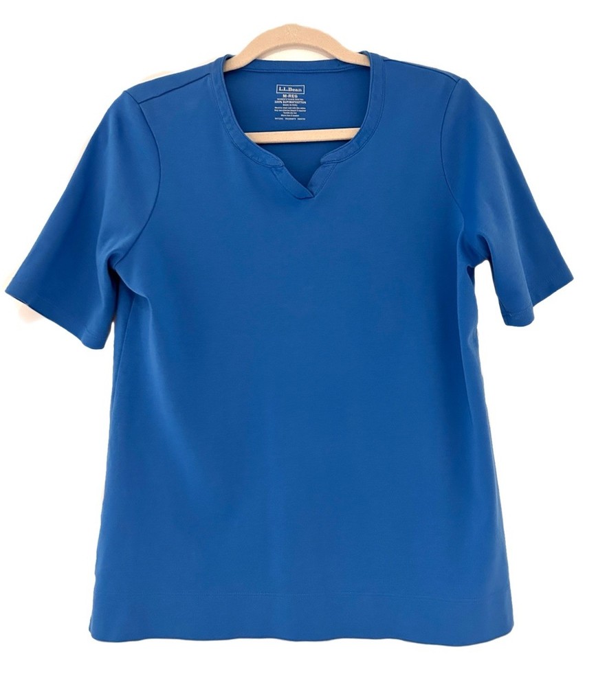 LL Bean Women’s Notch Neck Tee 100% Supima Cotton Light Blue Short Sleeves Med