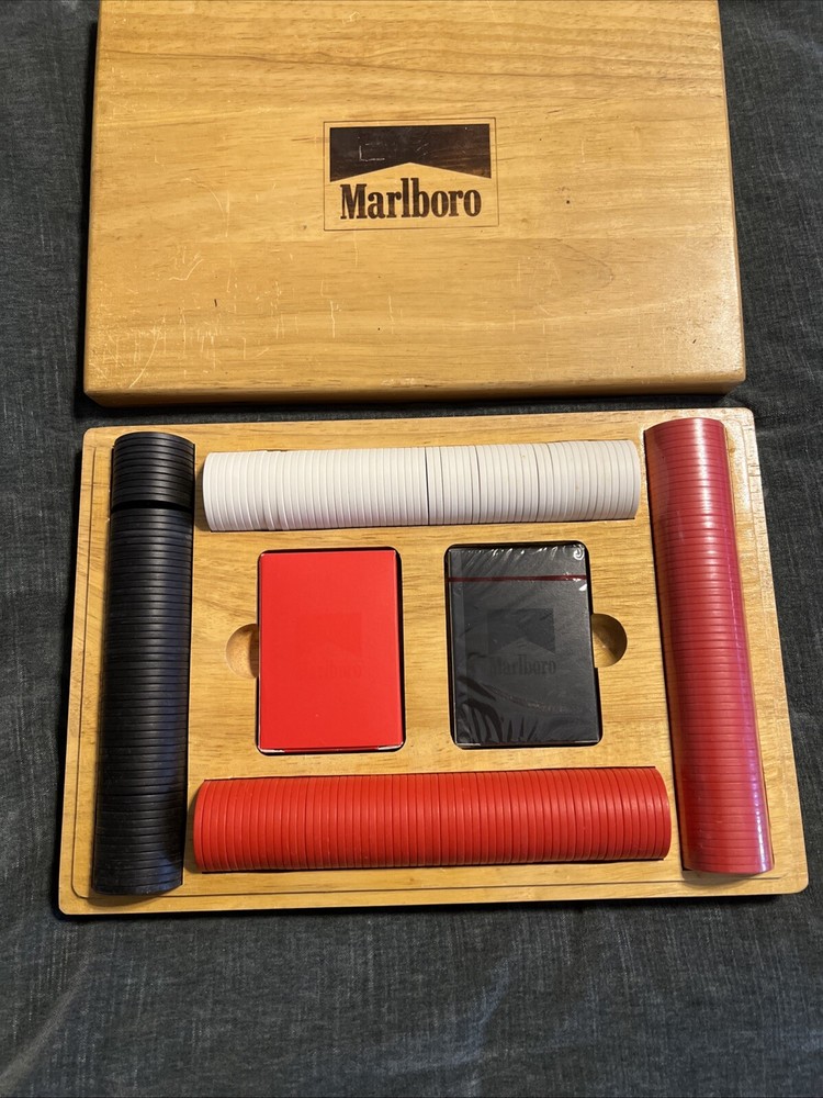 Vintage Marlboro Poker Set w/Chips, 2 Decks of Cards (1 Sealed) & Wooden Case.
