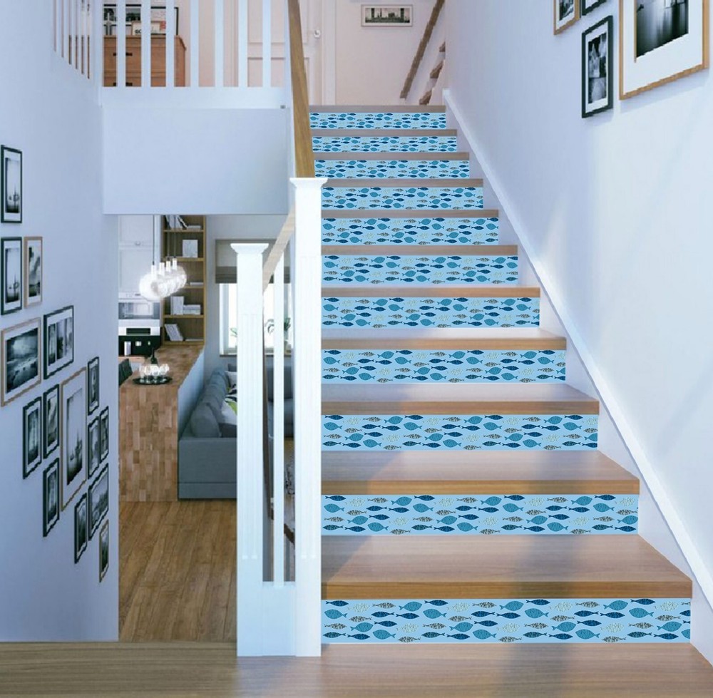 3D Blue Small Fish AZ547 Stair Risers Vinyl Wallpaper Mural Decor