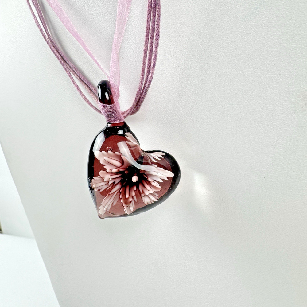 Vintage Murano Venetian Art Glass Heart Pendant w/ Necklace - Estate Jewelry