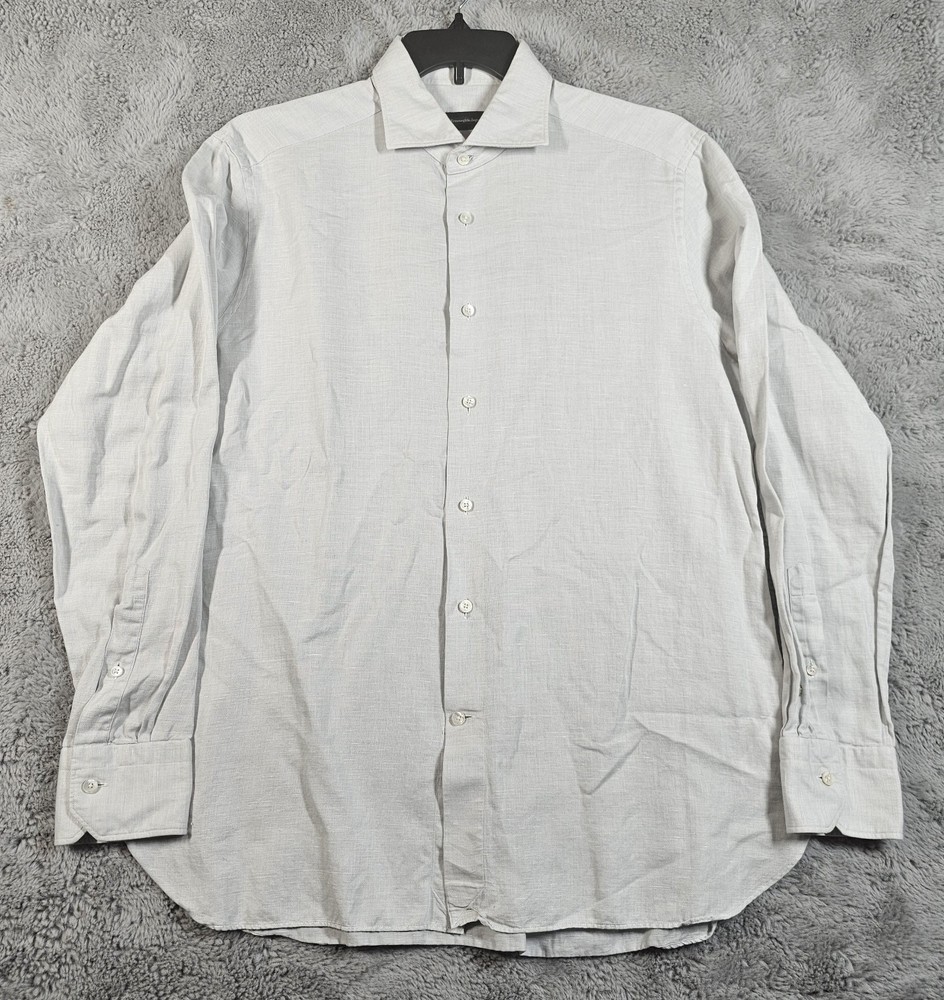 Ermenegildo Zegna Long Sleeve Button Down Shirt Mens Size XL Ivory Linen Blend