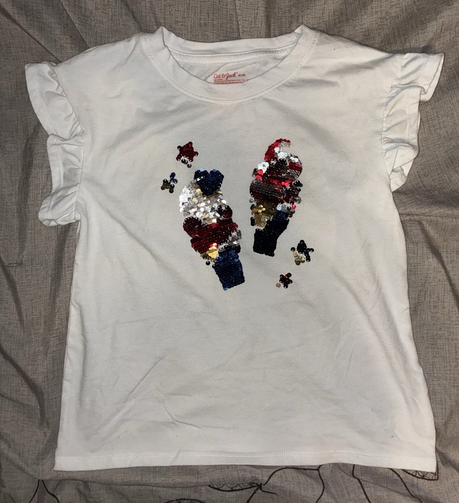 Cat & Jack Girls White Sequin Graphic Ruffle Sleeve Crew Neck T-Shirt Size M (8)