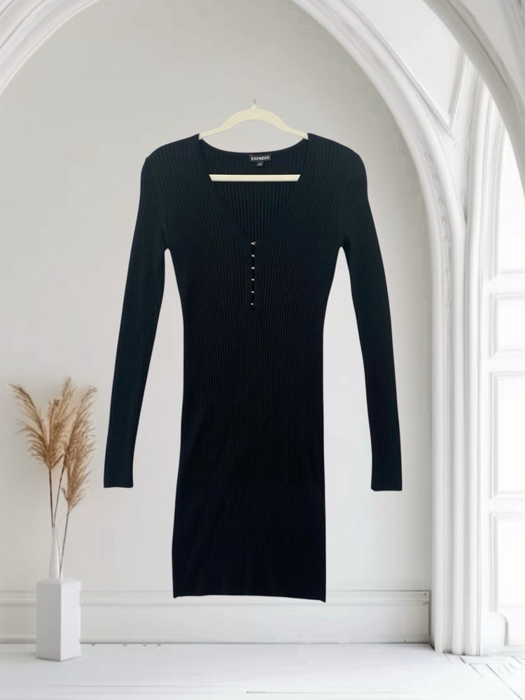 Express Women’s Long Sleeve Sweater Dress Size Small Black Ribbed Knit Stretch